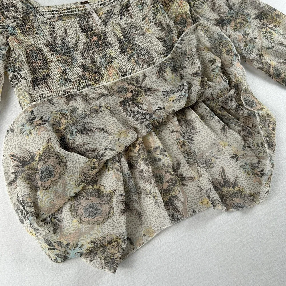 Free People Blouse Womens XS Floral Chiffon Ever After Smocked Peplum Boho Sheer